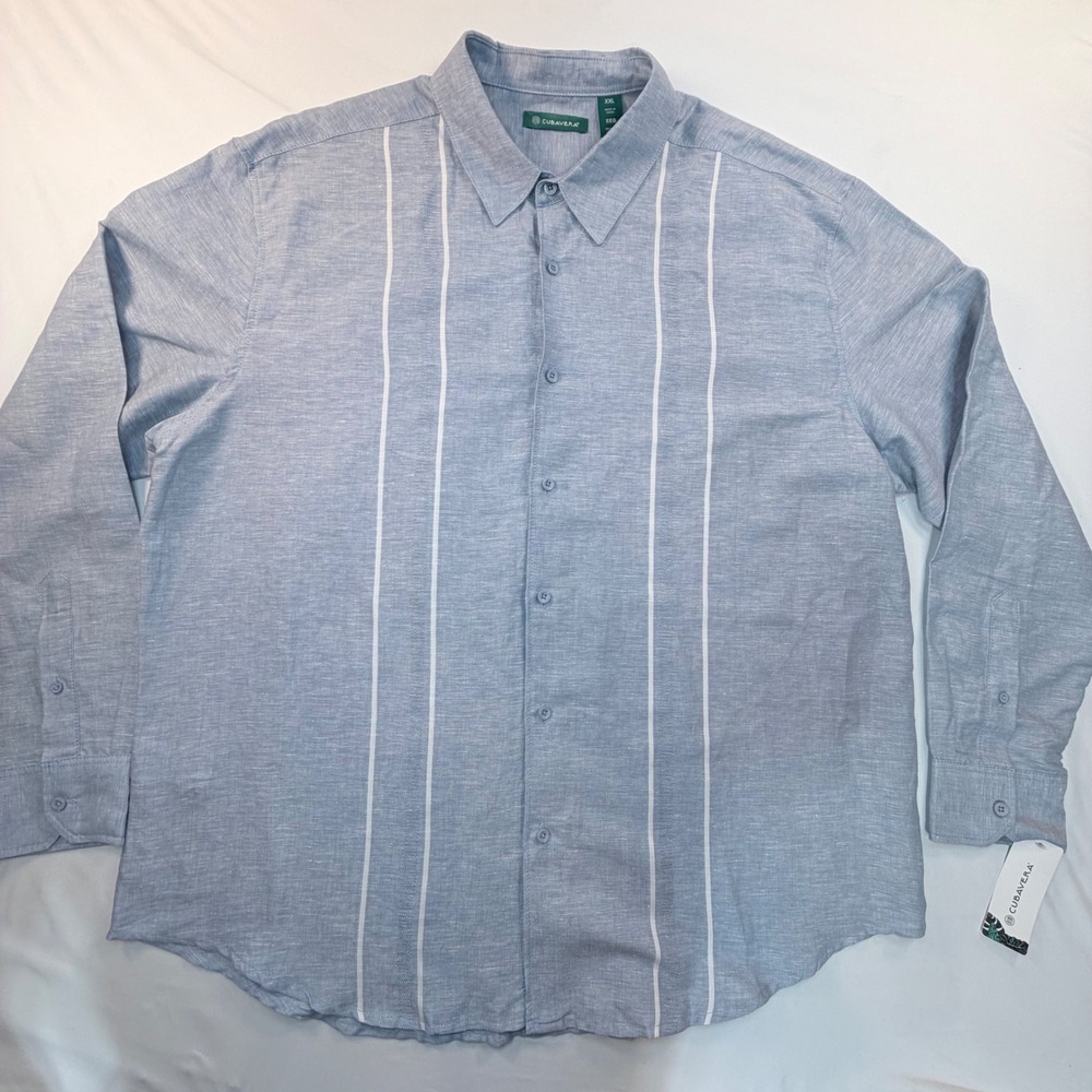 Cubavera Men's XXL Linen Blend Button Up Shirt Blue White Stripe Long Sleeve NWT